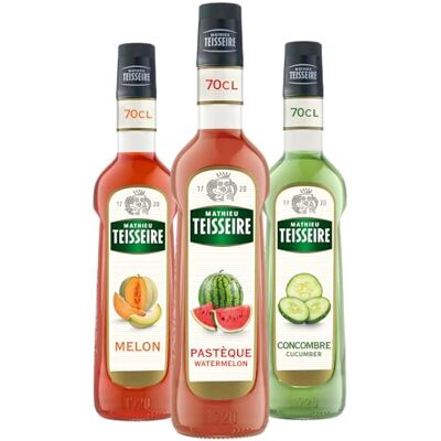 Mathieu Teisseire Assortiment Fruits du soleil : sirop de Melon, sirop de Pastèque, sirop de concombre pour boissons rafraichissantes, 3x70cl - Publicité Mathieu Teisseire Assortiment Fruits du soleil : sirop de Melon, sirop de Pastèque, sirop de concombre pour boissons rafraichissantes, 3x70cl - Publicité