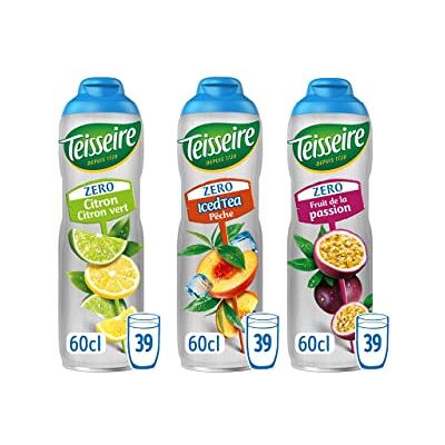 Teisseire Pack de 3 sirops 0% sans sucre citron citron vert, iced tea et passion - Publicité Teisseire Pack de 3 sirops 0% sans sucre citron citron vert, iced tea et passion - Publicité