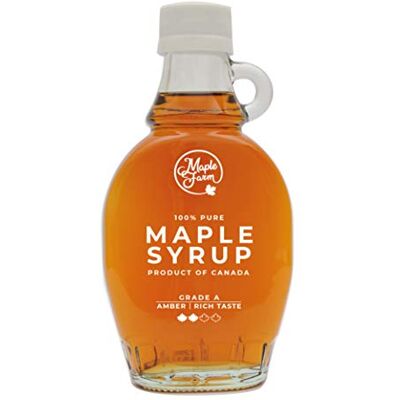 MapleFarm Sirop d'érable canadien pur Grade A, Ambré, goût riche Bouteille de 189 ml (250 g) Pure maple syrup Jus d'érable - Publicité MapleFarm Sirop d'érable canadien pur Grade A, Ambré, goût riche Bouteille de 189 ml (250 g) Pure maple syrup Jus d'érable - Publicité