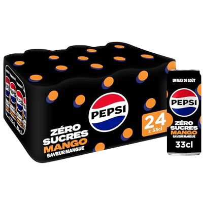 Pepsi Soda au Cola Sans Sucres Saveur Mangue 33cl Lot de 24 canettes - Publicité Pepsi Soda au Cola Sans Sucres Saveur Mangue 33cl Lot de 24 canettes - Publicité