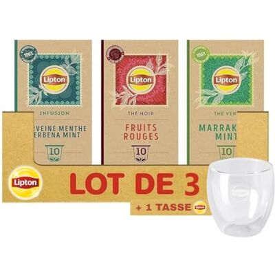 Lipton Thé Noir, Thé Vert, Verveine capsules (3 boîtes + 1 tasse) : Verveine Menthe x1, Fruits Rouges x1 et Menthe de Marrakech x1, 30 Capsules + 1 Tasse - Publicité Lipton Thé Noir, Thé Vert, Verveine capsules (3 boîtes + 1 tasse) : Verveine Menthe x1, Fruits Rouges x1 et Menthe de Marrakech x1, 30 Capsules + 1 Tasse - Publicité