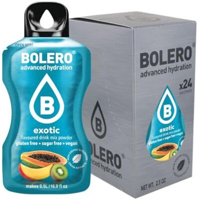 Bolero EXOTIC 24x3g Jus en poudre sans sucre, édulcoré à la stévia + vitamine C pour enfants et sportifs sans gluten, végétalien goût exotique - Publicité Bolero EXOTIC 24x3g Jus en poudre sans sucre, édulcoré à la stévia + vitamine C pour enfants et sportifs sans gluten, végétalien goût exotique - Publicité
