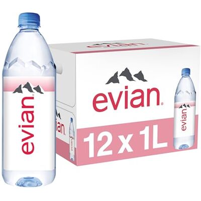 Evian Eau de source naturelle (une boîte de 12 bouteilles individuelles de 1 litre) Eau de source naturellement filtrée dans de grandes bouteilles - Publicité Evian Eau de source naturelle (une boîte de 12 bouteilles individuelles de 1 litre) Eau de source naturellement filtrée dans de grandes bouteilles - Publicité