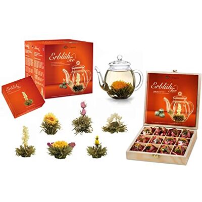 Creano Set Cadeau Complet composé d'une Théière soufflée à la bouche sans goutte avec 6 Fleurs de Thé et eine Boîte en Bois avec 12 Fleurs de Thé supplémentaires – Thé en Fleurs - Publicité Creano Set Cadeau Complet composé d'une Théière soufflée à la bouche sans goutte avec 6 Fleurs de Thé et eine Boîte en Bois avec 12 Fleurs de Thé supplémentaires – Thé en Fleurs - Publicité