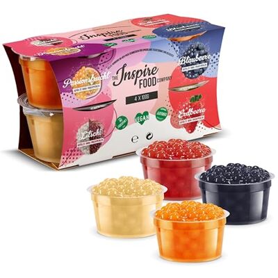 The Inspire Food Company INSPIRE FOOD Bubble Tea Perles Set 4x Tapioca Perles 100 grammes Fraise, Passion, Myrtille, Litchi Perle de tapioca pour bubble tea 100% vegan et sans gluten - Publicité The Inspire Food Company INSPIRE FOOD Bubble Tea Perles Set 4x Tapioca Perles 100 grammes Fraise, Passion, Myrtille, Litchi Perle de tapioca pour bubble tea 100% vegan et sans gluten - Publicité