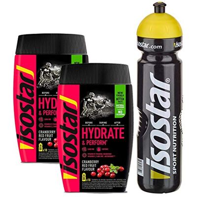 Isostar Hydrate & Perform Fruits Rouges Poudre 2x400g Paquet 2er + bouteille originale de 1000ml - Publicité Isostar Hydrate & Perform Fruits Rouges Poudre 2x400g Paquet 2er + bouteille originale de 1000ml - Publicité