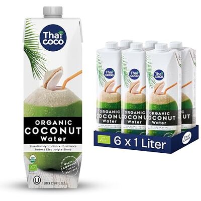 Thai Coco 100% eau de coco bio – Rafraîchissement naturel de Thaïlande – Certifiée biologique, sans sucre, sans ajout de conservateurs, 6 x 1 L Tetra Pak – Goût frais de noix de coco biologiques - Publicité Thai Coco 100% eau de coco bio – Rafraîchissement naturel de Thaïlande – Certifiée biologique, sans sucre, sans ajout de conservateurs, 6 x 1 L Tetra Pak – Goût frais de noix de coco biologiques - Publicité