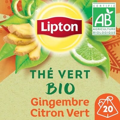 Lipton , Thé Vert Bio, Infusion à Froid ou Chaud, Goût Gingembre & Citron Vert, Bien Etre, 12x20 Sachets, 240 Sachets Individuels - Publicité Lipton , Thé Vert Bio, Infusion à Froid ou Chaud, Goût Gingembre & Citron Vert, Bien Etre, 12x20 Sachets, 240 Sachets Individuels - Publicité