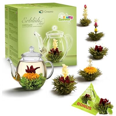 Creano „Fleurs de Thé“ Verts 6 pcs + 1 boule Bonus – Théière en Verre 500ml sans goutte – 6 variétés – Idée cadeau originale - Publicité Creano „Fleurs de Thé“ Verts 6 pcs + 1 boule Bonus – Théière en Verre 500ml sans goutte – 6 variétés – Idée cadeau originale - Publicité