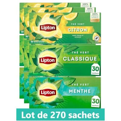Lipton Pack Thé Vert classique Origine Asie, Thé vert menthe, Thé vert citron, Infusion à Froid ou Chaud, Ingrédients d'Origine 100% Naturelle, 270 sachets - Publicité Lipton Pack Thé Vert classique Origine Asie, Thé vert menthe, Thé vert citron, Infusion à Froid ou Chaud, Ingrédients d'Origine 100% Naturelle, 270 sachets - Publicité