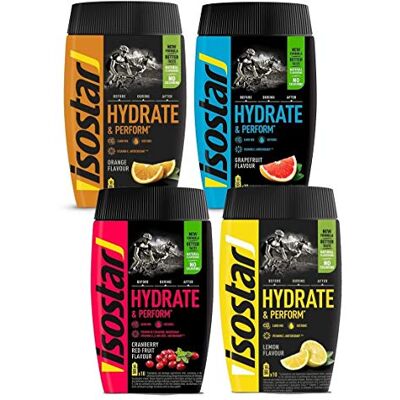 Isostar Hydrate & Perform Iso Drink De Poudre Boisson Isotonique D'Électrolyte Pour Soutenir La Performance Sportive Orange + Citron Canneberge Pamplemousse , 4X400G - Publicité Isostar Hydrate & Perform Iso Drink De Poudre Boisson Isotonique D'Électrolyte Pour Soutenir La Performance Sportive Orange + Citron Canneberge Pamplemousse , 4X400G - Publicité
