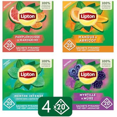Lipton Thé Vert Aromatisé, 4 Saveurs, 80 Sachets Pyramid (4x20), Collection Fruits et Menthe - Publicité Lipton Thé Vert Aromatisé, 4 Saveurs, 80 Sachets Pyramid (4x20), Collection Fruits et Menthe - Publicité