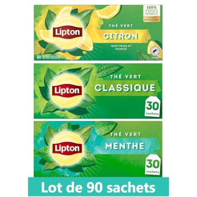 Lipton Pack Thé Vert classique Origine Asie, Thé vert menthe, Thé vert citron, Infusion à Froid ou Chaud, Ingrédients d'Origine 100% Naturelle, 90 sachets - Publicité Lipton Pack Thé Vert classique Origine Asie, Thé vert menthe, Thé vert citron, Infusion à Froid ou Chaud, Ingrédients d'Origine 100% Naturelle, 90 sachets - Publicité