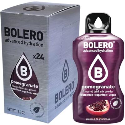 Bolero POMEGRANATE 24x3g Jus en poudre sans sucre, édulcoré à la stévia + vitamine C pour enfants et sportifs sans gluten, végétalien saveur d'églantier - Publicité Bolero POMEGRANATE 24x3g Jus en poudre sans sucre, édulcoré à la stévia + vitamine C pour enfants et sportifs sans gluten, végétalien saveur d'églantier - Publicité