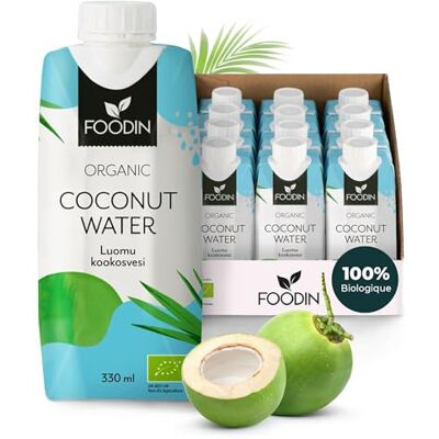 FOODIN Eau de coco Bio, Naturellement hydratante avec des électrolytes, Sans gras, Sans gluten, Sans OGM, Faible en calories Désaltérant apaisant Paquet de 12 (12x330ml) - Publicité FOODIN Eau de coco Bio, Naturellement hydratante avec des électrolytes, Sans gras, Sans gluten, Sans OGM, Faible en calories Désaltérant apaisant Paquet de 12 (12x330ml) - Publicité