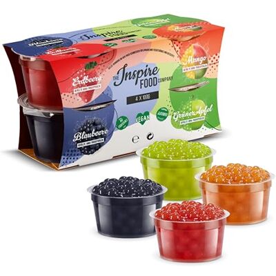 The Inspire Food Company INSPIRE FOOD Bubble Tea Perles Set 4x Tapioca Perles 100 grammes Fraise, Mangue, Pomme Verte, Myrtille Perle de tapioca pour bubble tea 100% vegan et sans gluten - Publicité The Inspire Food Company INSPIRE FOOD Bubble Tea Perles Set 4x Tapioca Perles 100 grammes Fraise, Mangue, Pomme Verte, Myrtille Perle de tapioca pour bubble tea 100% vegan et sans gluten - Publicité