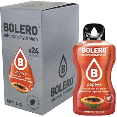 Bolero PAPAYA 24x3g Jus en poudre sans sucre, édulcoré à la stévia + vitamine C pour enfants et sportifs sans gluten, végétalien saveur de papaye - Publicité Bolero PAPAYA 24x3g Jus en poudre sans sucre, édulcoré à la stévia + vitamine C pour enfants et sportifs sans gluten, végétalien saveur de papaye - Publicité