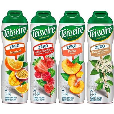 Teisseire Sirop Zero Fleur de sureau, pêche, framboise, tropical, 600 ml chacun - Publicité Teisseire Sirop Zero Fleur de sureau, pêche, framboise, tropical, 600 ml chacun - Publicité
