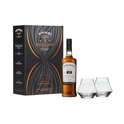 Bowmore 12 ans Islay Single Malt Scotch, coffret avec 2 verres, Whisky Ecossais, 40% 70 cl - Publicité Bowmore 12 ans Islay Single Malt Scotch, coffret avec 2 verres, Whisky Ecossais, 40% 70 cl - Publicité