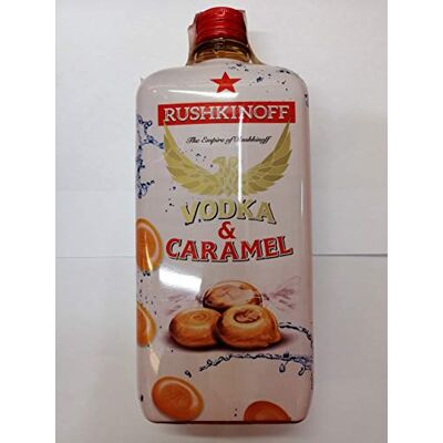 Rushkinoff Vodka Caramel Bouteille en plastique 1 litre 18% d'alcool - Publicité Rushkinoff Vodka Caramel Bouteille en plastique 1 litre 18% d'alcool - Publicité