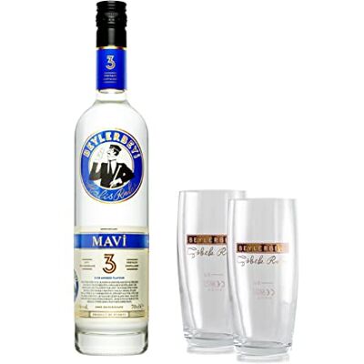 Beylerbeyi RAKI Lot de 1 Bouteille de Mavi Raki Turc de 100cl + 2 Verres à Raki Eau de Vie Turque Aromatisée à l'Anis 100% Raisins Frais Sans Sucres Ajoutés - Publicité Beylerbeyi RAKI Lot de 1 Bouteille de Mavi Raki Turc de 100cl + 2 Verres à Raki Eau de Vie Turque Aromatisée à l'Anis 100% Raisins Frais Sans Sucres Ajoutés - Publicité
