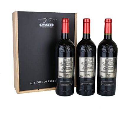 Calvet Coffret cadeau de 3 bouteilles de vin rouge Grande Réserve, Bordeaux Supérieur en caisse bois (3 x 0.75 L) - Publicité Calvet Coffret cadeau de 3 bouteilles de vin rouge Grande Réserve, Bordeaux Supérieur en caisse bois (3 x 0.75 L) - Publicité