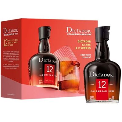 Dictador 12 ans Coffret 2 verres Rhum Origine : Colombie 40% Alcool Notes de vanille & épices A déguster pur 70cl - Publicité Dictador 12 ans Coffret 2 verres Rhum Origine : Colombie 40% Alcool Notes de vanille & épices A déguster pur 70cl - Publicité