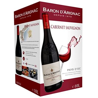 Baron D'Arignac Vin rouge 10L Cabernet Sauvignon IGP Pays d'Oc Bag in Box BIB 10L (1 x 10L) - Publicité Baron D'Arignac Vin rouge 10L Cabernet Sauvignon IGP Pays d'Oc Bag in Box BIB 10L (1 x 10L) - Publicité