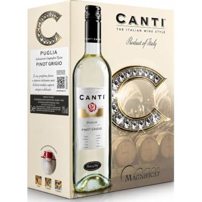 Canti Pinot Grigio IGT Puglia, Vin Blanc 3L Bag in Box (BIB), Notes de pomme verte et d'agrumes, Finale fraîche et harmonieuse - Publicité Canti Pinot Grigio IGT Puglia, Vin Blanc 3L Bag in Box (BIB), Notes de pomme verte et d'agrumes, Finale fraîche et harmonieuse - Publicité