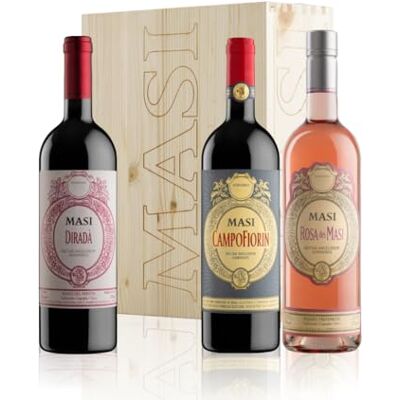 Masi Paquet exclusif "Matices de " DIRADA' Rosso Veneto IGT, CAMPOFIORIN Rosso Verona IGT, ROSA DEI Rosado delle Venezie IGT 3X750 ml Caisse en bois - Publicité Masi Paquet exclusif "Matices de " DIRADA' Rosso Veneto IGT, CAMPOFIORIN Rosso Verona IGT, ROSA DEI Rosado delle Venezie IGT 3X750 ml Caisse en bois - Publicité