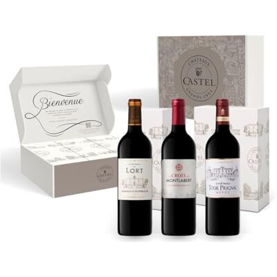 Castel Chateaux Grands Crus Coffret Cadeau Vin Rouge Coffret Médailles d'Or de Bordeaux : Château du Lort, La Croix Montlabert, Châteaux Tour Prignac - Publicité Castel Chateaux Grands Crus Coffret Cadeau Vin Rouge Coffret Médailles d'Or de Bordeaux : Château du Lort, La Croix Montlabert, Châteaux Tour Prignac - Publicité