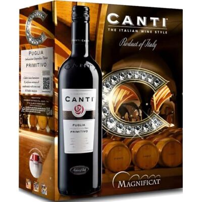 Canti Pimitivo I.G.T. Pouilles, vin rouge, goût net, chaleureux, avec une grande structure et harmonieux en bouche, grand Bag in Box 3l (1 x 3 L) - Publicité Canti Pimitivo I.G.T. Pouilles, vin rouge, goût net, chaleureux, avec une grande structure et harmonieux en bouche, grand Bag in Box 3l (1 x 3 L) - Publicité