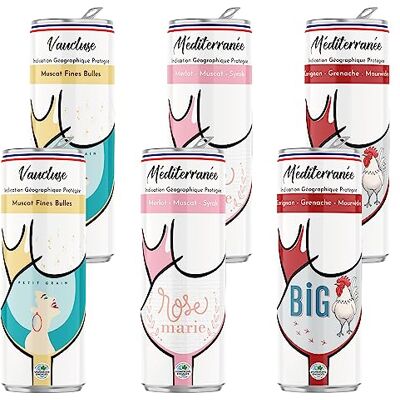 La Robe du Vin Box "Soleil du Rhône" 6 canettes de vin (25cl)- Vignerons engagés- 2x IGP Vaucluse "Fines Bulles"+ 2x IGP Méditerranée rosé "Rosemarie"+ 2x IGP Méditerranée rouge "Big"+ 10 min vidéo dans le domaine - Publicité La Robe du Vin Box "Soleil du Rhône" 6 canettes de vin (25cl)- Vignerons engagés- 2x IGP Vaucluse "Fines Bulles"+ 2x IGP Méditerranée rosé "Rosemarie"+ 2x IGP Méditerranée rouge "Big"+ 10 min vidéo dans le domaine - Publicité