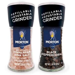 Morton , Lot de 2 moulins à sel rose de l'Himalaya (70,9 g) et poivre noir (34 g) Rechargeable et réglable - Publicité Morton , Lot de 2 moulins à sel rose de l'Himalaya (70,9 g) et poivre noir (34 g) Rechargeable et réglable - Publicité