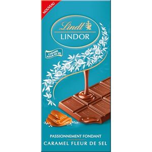 Lindt Tablette LINDOR Chocolat au Lait Caramel Fleur de Sel Cœur Fondant, 150g - Publicité Lindt Tablette LINDOR Chocolat au Lait Caramel Fleur de Sel Cœur Fondant, 150g - Publicité