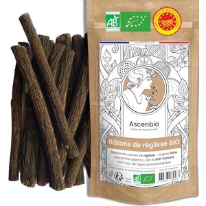Ascenbio ✿ Bâtons de réglisse BIO Origine Italie IGP ✿ 180 g ✿ Préparé et conditionné en France ✿ Emballage biodégradable - Publicité Ascenbio ✿ Bâtons de réglisse BIO Origine Italie IGP ✿ 180 g ✿ Préparé et conditionné en France ✿ Emballage biodégradable - Publicité
