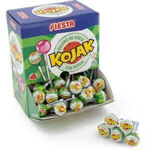Fiesta Kojak Caramel avec bâton saveur pastèque garnie de chewing-gum Boîte de 100 unités - Publicité Fiesta Kojak Caramel avec bâton saveur pastèque garnie de chewing-gum Boîte de 100 unités - Publicité