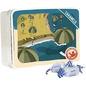 Par Faim De Normandie Caramels beurre salé en boîte métal édition D-Day Débarquement en Normandie 100g Balades normandes (Parachutisme militaire) - Publicité Par Faim De Normandie Caramels beurre salé en boîte métal édition D-Day Débarquement en Normandie 100g Balades normandes (Parachutisme militaire) - Publicité