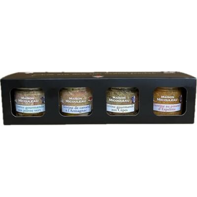 MICOULEAU Coffret 4 terrines en Bocaux 90gr pâté artisanal cadeau à offrir Conserverie panier garni coffret Apéritif sud ouest lot de 4 terrines origine France - Publicité MICOULEAU Coffret 4 terrines en Bocaux 90gr pâté artisanal cadeau à offrir Conserverie panier garni coffret Apéritif sud ouest lot de 4 terrines origine France - Publicité
