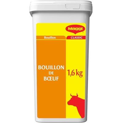 Maggi PROFESSIONAL Bouillon au Bœuf Déshydraté Boîte de 1.6kg Aide culinaire pour viandes et légumes Dosage précis pour 80L Bouillon d'os riche en arômes pour vos sauces et potages - Publicité Maggi PROFESSIONAL Bouillon au Bœuf Déshydraté Boîte de 1.6kg Aide culinaire pour viandes et légumes Dosage précis pour 80L Bouillon d'os riche en arômes pour vos sauces et potages - Publicité