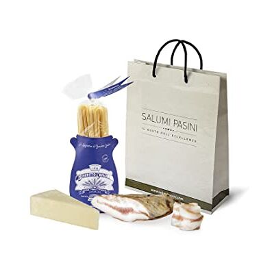 Salumi Pasini Kit recette "Pasta alla carbonara" ® Avec : Guanciale 250g, Spaghettoni Benedetto Cavalieri et Pecorino Romano DOP 300g Pour une carbonara traditionnelle Produits italiens - Publicité Salumi Pasini Kit recette "Pasta alla carbonara" ® Avec : Guanciale 250g, Spaghettoni Benedetto Cavalieri et Pecorino Romano DOP 300g Pour une carbonara traditionnelle Produits italiens - Publicité