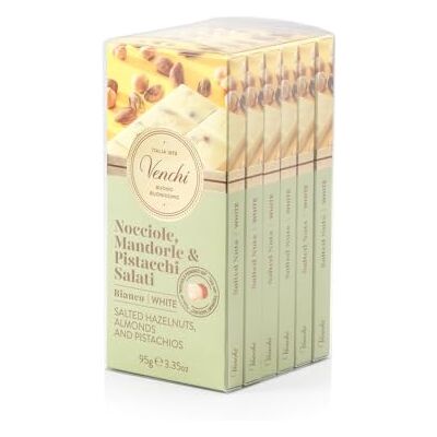 Venchi Coffret de 6 Tablettes de Chocolat Blanc Salé à la "Noisette du Piémont IGP" uniquement, Amandes et Pistaches, 600 g, Sans Gluten, Sans Colorants, Sans Conservateurs, Idée Cadeau - Publicité Venchi Coffret de 6 Tablettes de Chocolat Blanc Salé à la "Noisette du Piémont IGP" uniquement, Amandes et Pistaches, 600 g, Sans Gluten, Sans Colorants, Sans Conservateurs, Idée Cadeau - Publicité