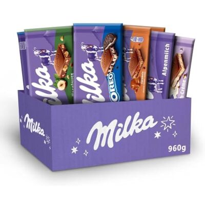 Milka Assortiment Tablettes Chocolat au Lait 5 Recettes 10x90-100g 10 Tablettes de 90 à 100g 2x noisettes, 2x Oreo, 2x caramel, 2x tendre lait et 2x classique Idéal pour une pause douceur - Publicité Milka Assortiment Tablettes Chocolat au Lait 5 Recettes 10x90-100g 10 Tablettes de 90 à 100g 2x noisettes, 2x Oreo, 2x caramel, 2x tendre lait et 2x classique Idéal pour une pause douceur - Publicité
