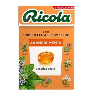 Ricola Bonbons orange menthe dans un étui de 10 unités, sans sucre ni gluten - Publicité Ricola Bonbons orange menthe dans un étui de 10 unités, sans sucre ni gluten - Publicité