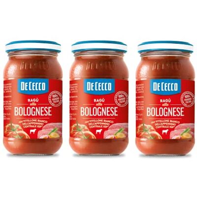 De Cecco 3 x Ragù alla Bolognese con Vitellone Bianco dell'Appenino Centrale IGP sauce au boeuf blanc du centre des Apennins IGP avec 100% de tomates italiennes 190g - Publicité De Cecco 3 x Ragù alla Bolognese con Vitellone Bianco dell'Appenino Centrale IGP sauce au boeuf blanc du centre des Apennins IGP avec 100% de tomates italiennes 190g - Publicité