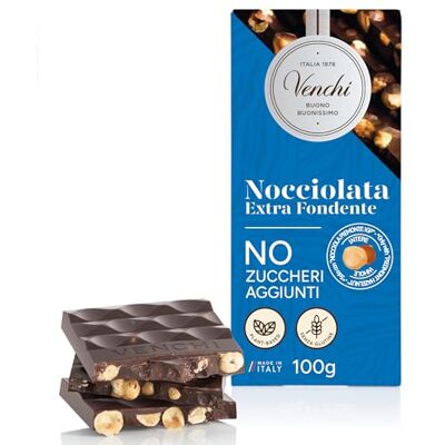Venchi Tablette de Chocolat Noir Noisettes -70 % de sucres, 100 g Sans sucre ajouté Sans gluten - Publicité Venchi Tablette de Chocolat Noir Noisettes -70 % de sucres, 100 g Sans sucre ajouté Sans gluten - Publicité