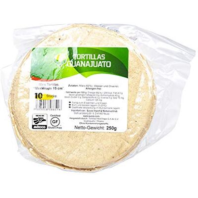 Guanajuato Tortillas de Maïs du Mexique, 15cm de diamètre, Pack 250g avec 10 unités Tortillas de Maiz 15cm, 250g - Publicité Guanajuato Tortillas de Maïs du Mexique, 15cm de diamètre, Pack 250g avec 10 unités Tortillas de Maiz 15cm, 250g - Publicité
