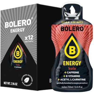 Bolero Energy 7 g x 12 sachets Boisson en poudre sans sucre Végan & sans gluten Pour un mode de vie actif (12x7g, Cola) - Publicité Bolero Energy 7 g x 12 sachets Boisson en poudre sans sucre Végan & sans gluten Pour un mode de vie actif (12x7g, Cola) - Publicité
