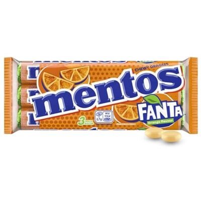 MENTOS Fanta Dragées Lot de 3 rouleaux de bonbons aux fruits avec flavour original Fanta Bonbons à mâcher avec saveur d'orange fruitée (3 rouleaux de 37,5 g) - Publicité MENTOS Fanta Dragées Lot de 3 rouleaux de bonbons aux fruits avec flavour original Fanta Bonbons à mâcher avec saveur d'orange fruitée (3 rouleaux de 37,5 g) - Publicité