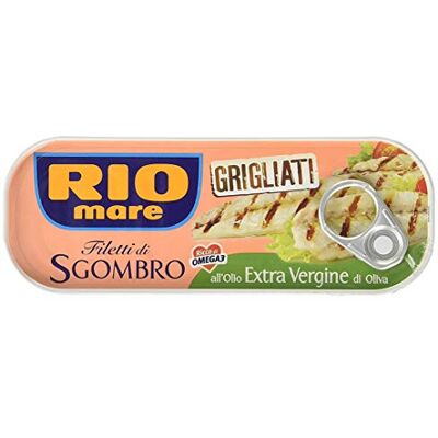 Rio Filetti di Sgombro Grigliati All'Olio Extra Verine di Oliva Lot de 6 filtres à maquereau grillés avec huile d'olive vierge extra 120 g riche en oméga 3 - Publicité Rio Filetti di Sgombro Grigliati All'Olio Extra Verine di Oliva Lot de 6 filtres à maquereau grillés avec huile d'olive vierge extra 120 g riche en oméga 3 - Publicité
